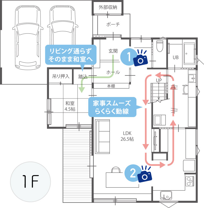 1F間取り図 リビングを通らずそのまま和室へ 家事スムーズらくらく導線